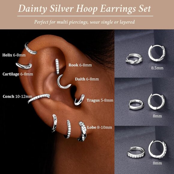 Women's Silver Twisted Hoop Multiple Piercing Cubic Zircon Jewelry Earrings - Picture 4 of 8